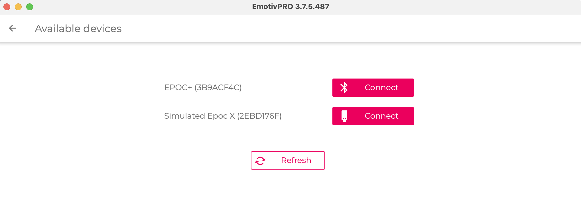 Screenshot of available devices screen in Emotiv Pro.