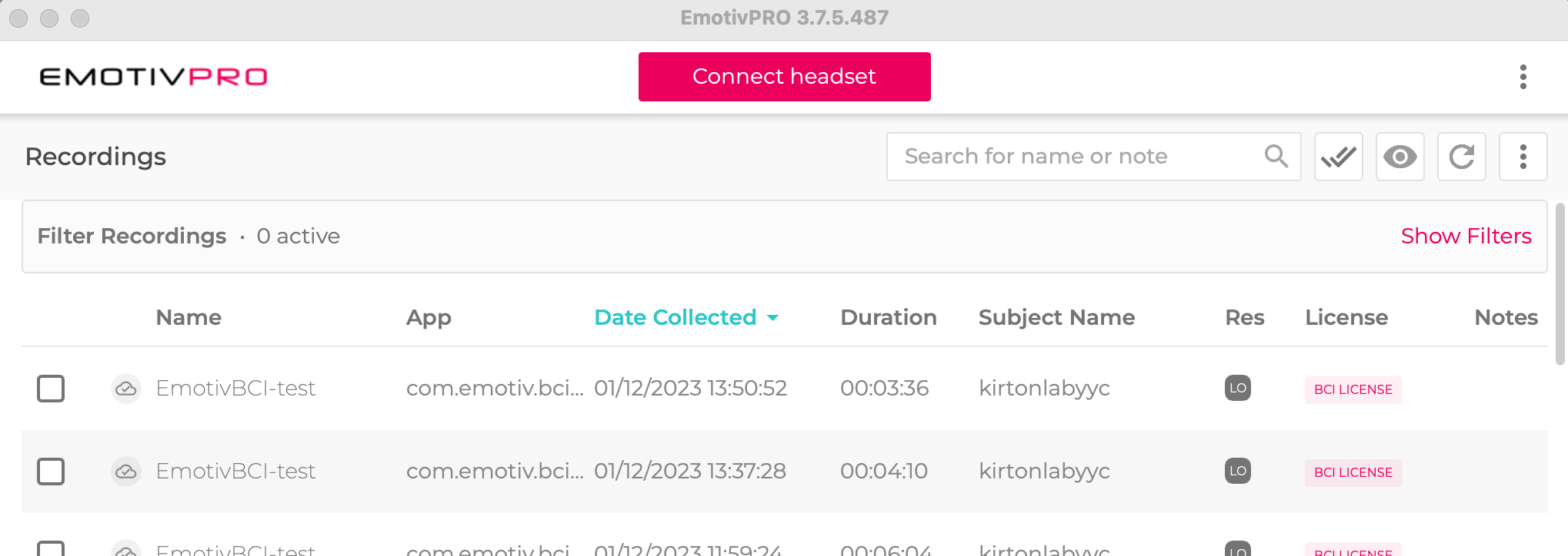 Screenshot of Emotiv Pro connect headset view.