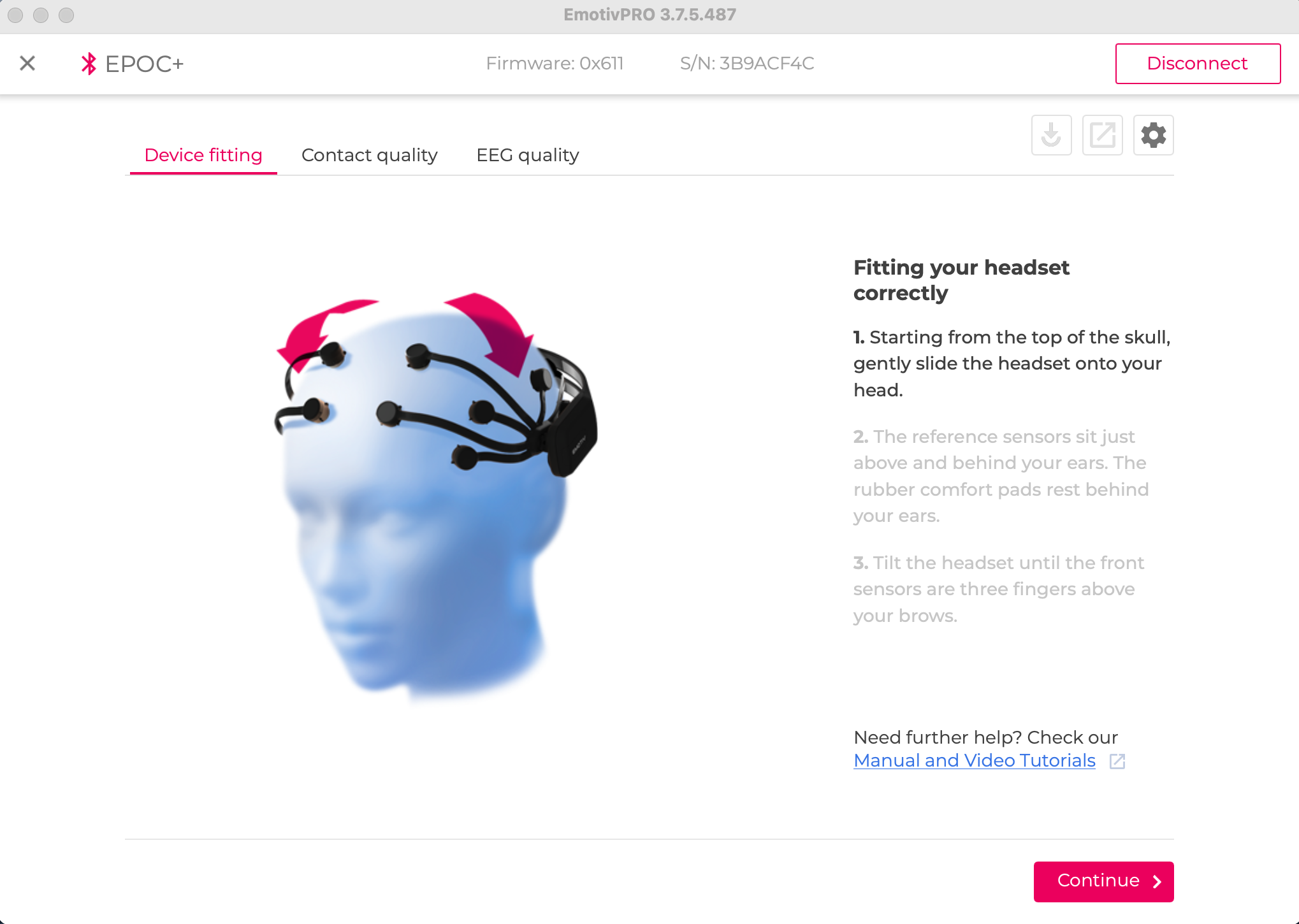 Screenshot of headset fitting in Emotiv Pro.