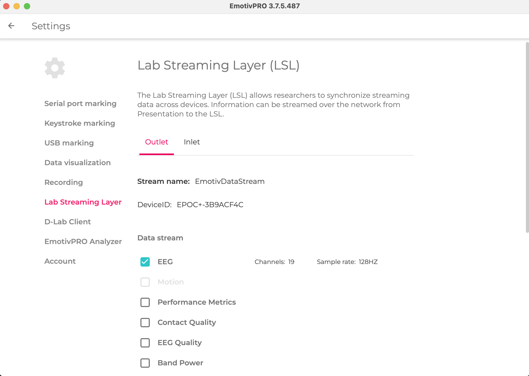 Screenshot of initial LSL configuration in Emotiv Pro