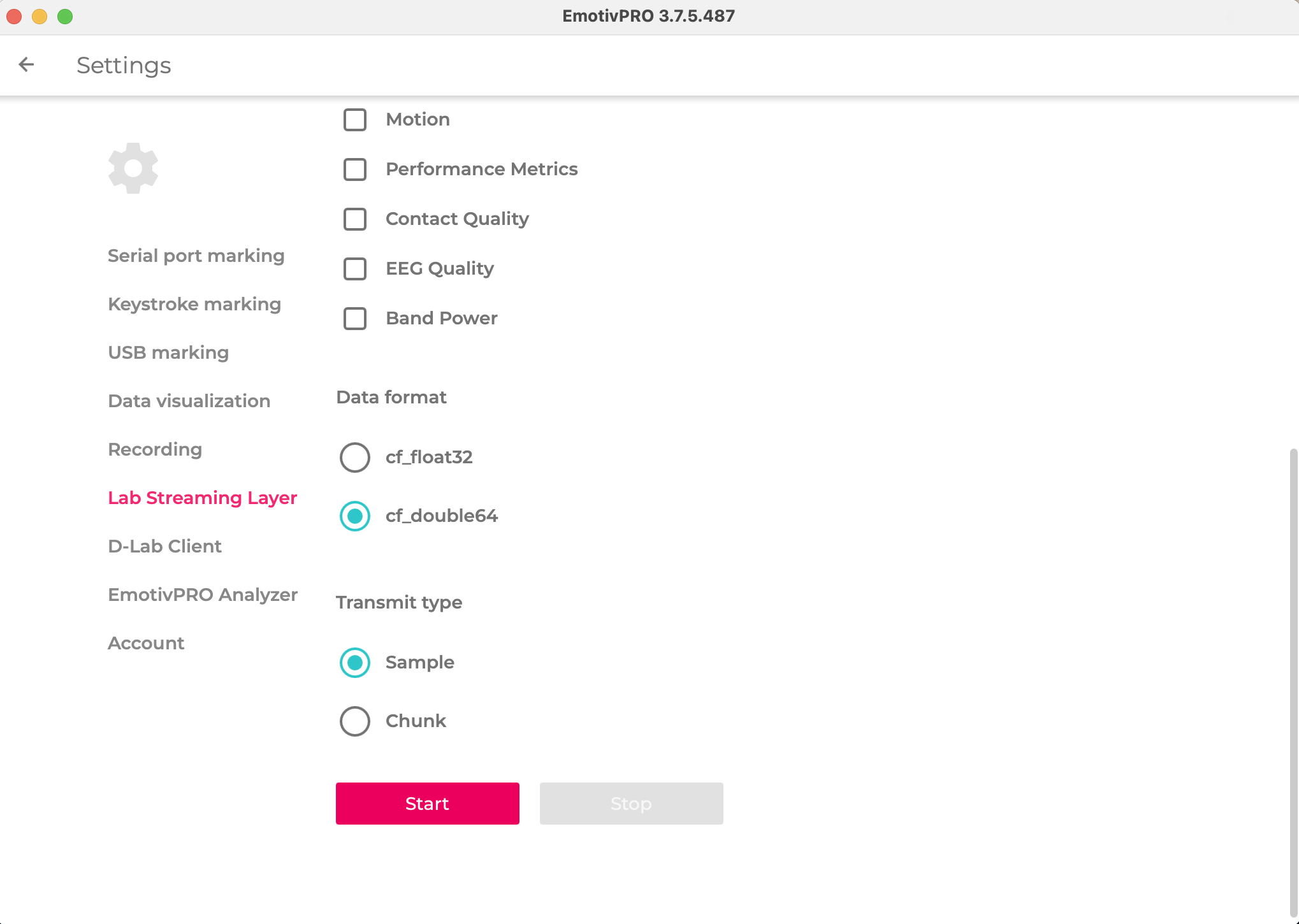 Screenshot of LSL outlet configuration in Emotiv Pro