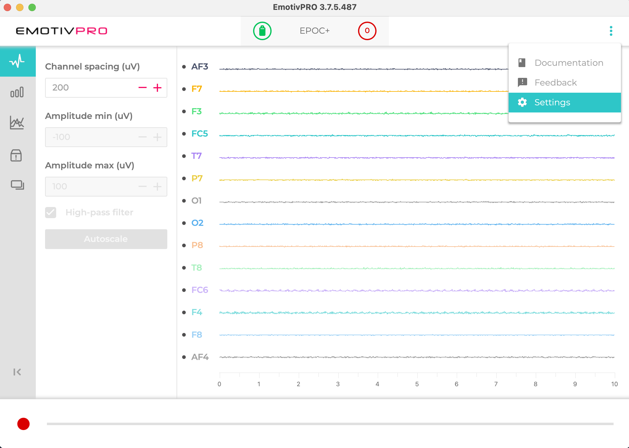 Screenshot of where to find settings in Emotiv Pro.